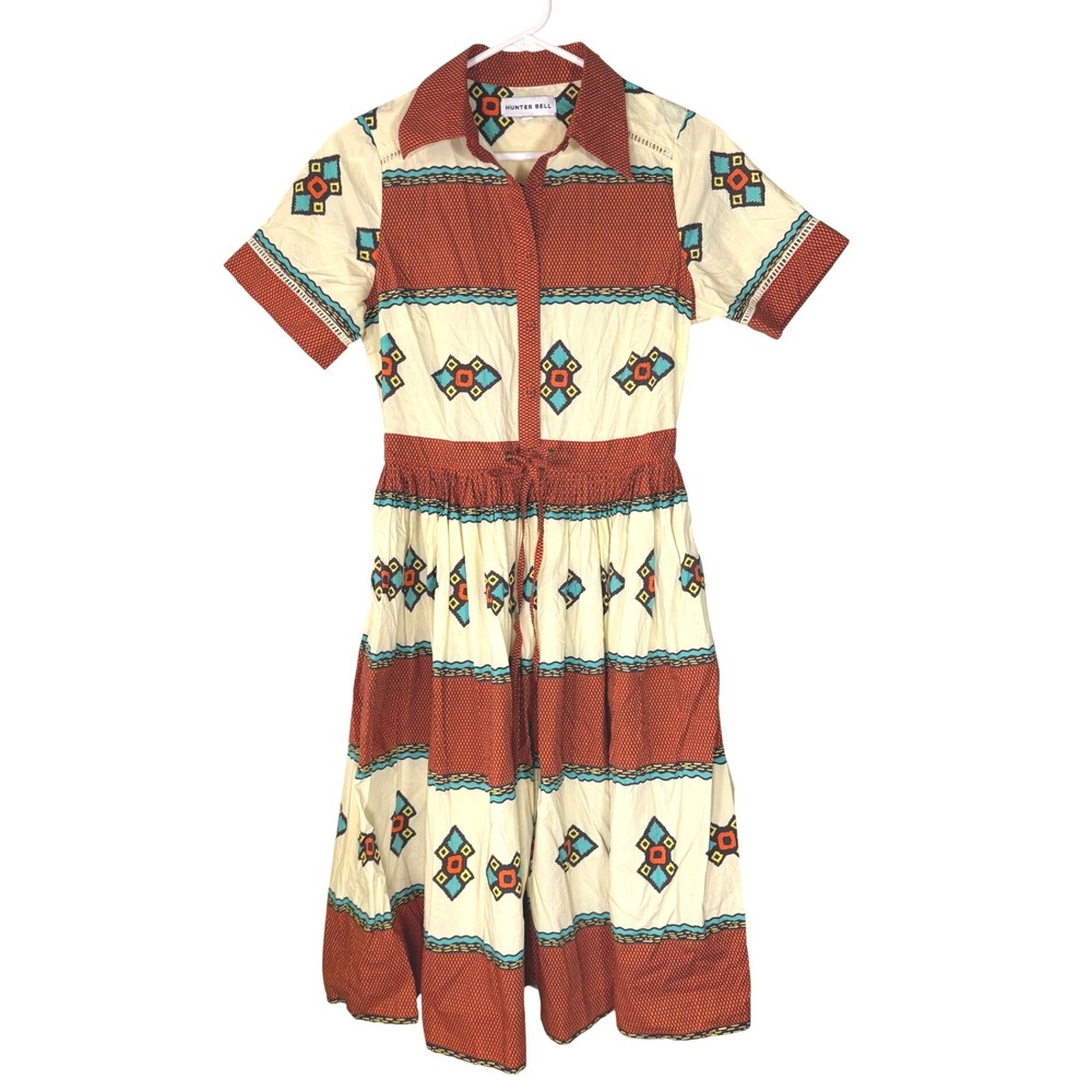 Anthro Hunter Bell Midi Dress Women 4 Rue Diana Southwest Geo Aztec Orange Brown